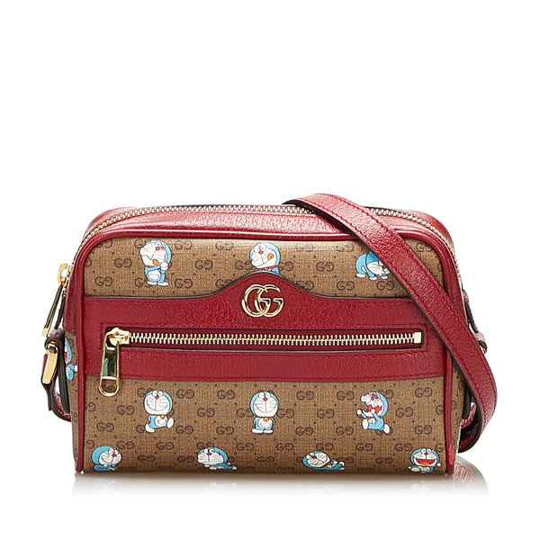 グッチ マイクロ GG スプリーム ドラえもん 斜め掛け ミニ ショルダーバッグ 647784 ブラウン ボルドー PVC レザー レディース GUCCI 【中古】