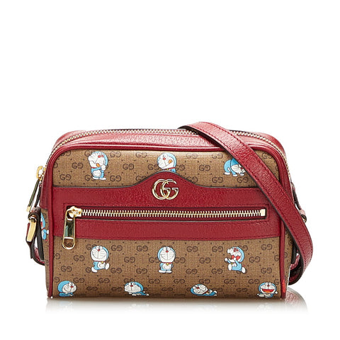 グッチ マイクロ GG スプリーム ドラえもん 斜め掛け ミニ ショルダーバッグ 647784 ブラウン ボルドー PVC レザー レディース GUCCI 【中古】