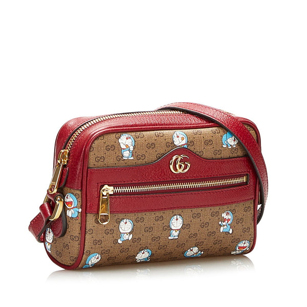 グッチ マイクロ GG スプリーム ドラえもん 斜め掛け ミニ ショルダーバッグ 647784 ブラウン ボルドー PVC レザー レディース GUCCI 【中古】