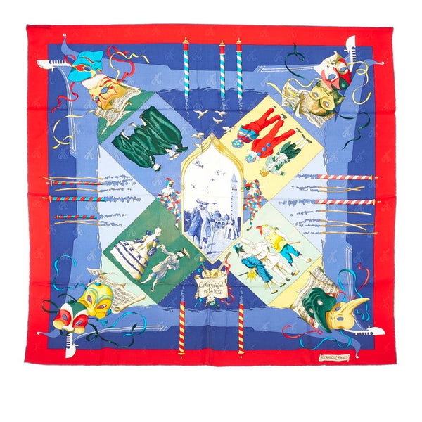 エルメス カレ90 LE CARNAVAL DE VENISE ベニスのカーニバル スカーフ ブルー マルチカラー レッド シルク レディース HERMES 【中古】