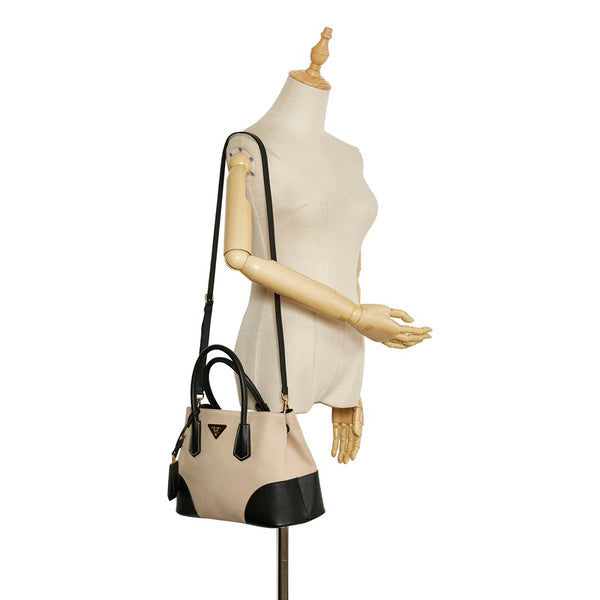 プラダ サフィアーノ ハンドバッグ ショルダーバッグ 2WAY BN2887 ベージュ ブラック キャンバス レザー レディース PRADA 【中古】