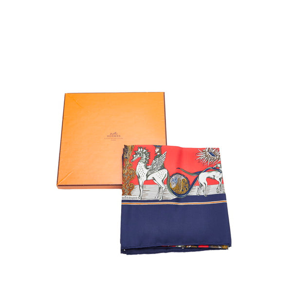 エルメス カレ90 Au FIL de la SOIE 絹糸の赴くままに スカーフ ネイビー マルチカラー シルク レディース HERMES 【中古】