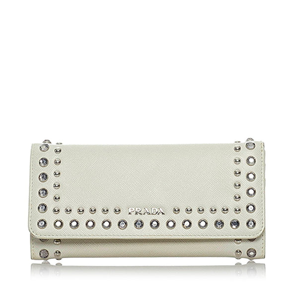 プラダ サフィアーノ クリスタルスタッズ 長財布 1M1132 アイボリー レザー レディース PRADA 【中古】