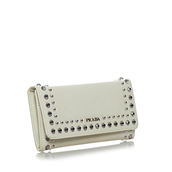 プラダ サフィアーノ クリスタルスタッズ 長財布 1M1132 アイボリー レザー レディース PRADA 【中古】