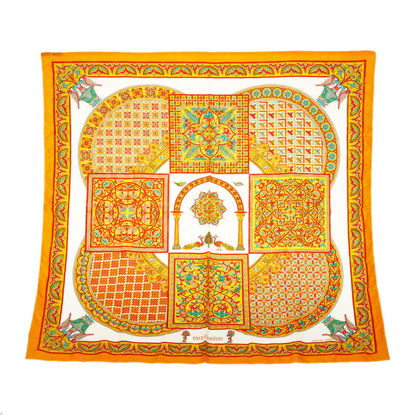 エルメス カレ90 CIELS BYZANTINS ビザンチンの空 孔雀刺繍 スカーフ オレンジ マルチ シルク レディース HERMES 【中古】