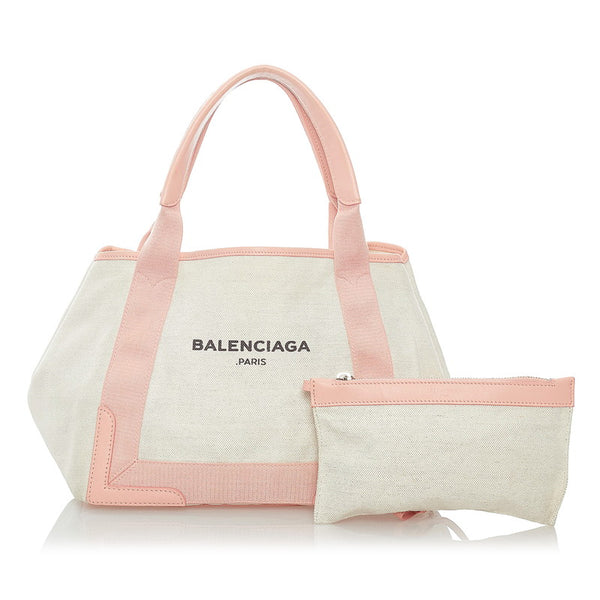 バレンシアガ ネイビーカバ M トートバッグ ホワイト ピンク キャンバス レザー レディース BALENCIAGA 【中古】
