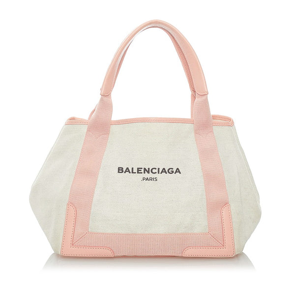 バレンシアガ ネイビーカバ M トートバッグ ホワイト ピンク キャンバス レザー レディース BALENCIAGA 【中古】