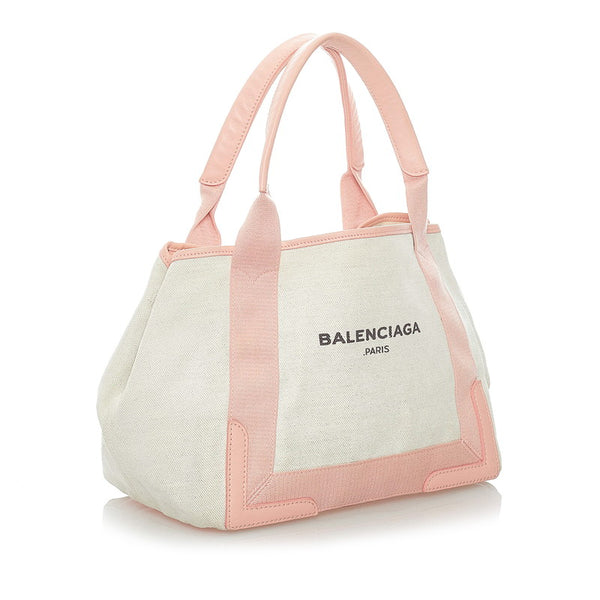 バレンシアガ ネイビーカバ M トートバッグ ホワイト ピンク キャンバス レザー レディース BALENCIAGA 【中古】