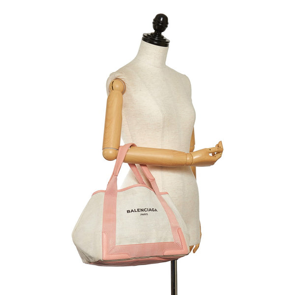バレンシアガ ネイビーカバ M トートバッグ ホワイト ピンク キャンバス レザー レディース BALENCIAGA 【中古】