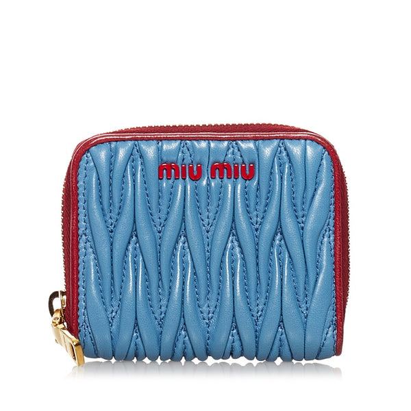 ミュウミュウ マテラッセ コインケース  ミニウォレット ライトブルー レッド レザー レディース MIUMIU 【中古】