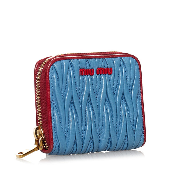 ミュウミュウ マテラッセ コインケース  ミニウォレット ライトブルー レッド レザー レディース MIUMIU 【中古】