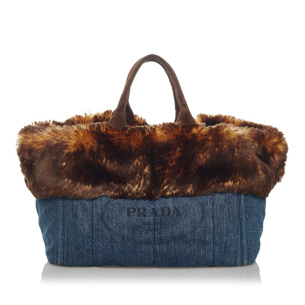 プラダ カナパ ハンドバッグ ブラウン ブルー デニム ファー スウェード レディース PRADA 【中古】