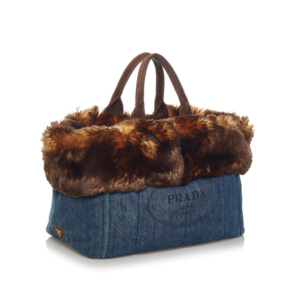 プラダ カナパ ハンドバッグ ブラウン ブルー デニム ファー スウェード レディース PRADA 【中古】