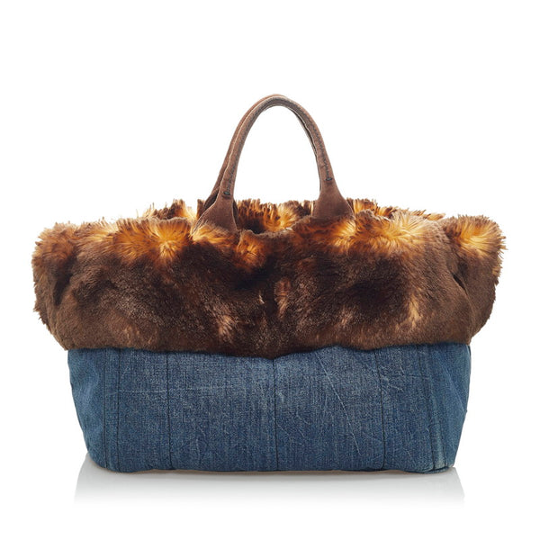 プラダ カナパ ハンドバッグ ブラウン ブルー デニム ファー スウェード レディース PRADA 【中古】