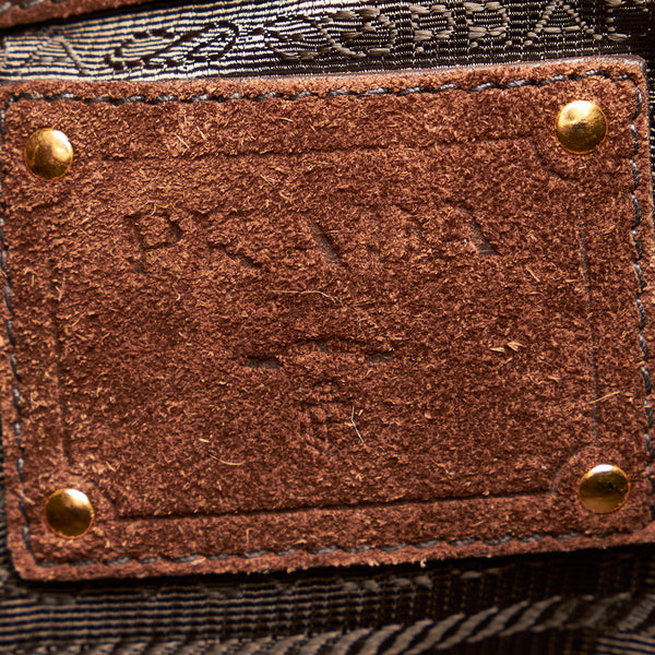 プラダ カナパ ハンドバッグ ブラウン ブルー デニム ファー スウェード レディース PRADA 【中古】