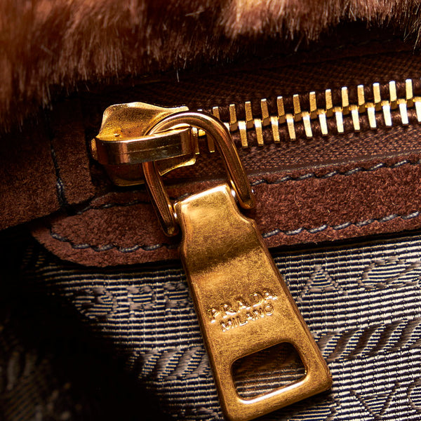 プラダ カナパ ハンドバッグ ブラウン ブルー デニム ファー スウェード レディース PRADA 【中古】