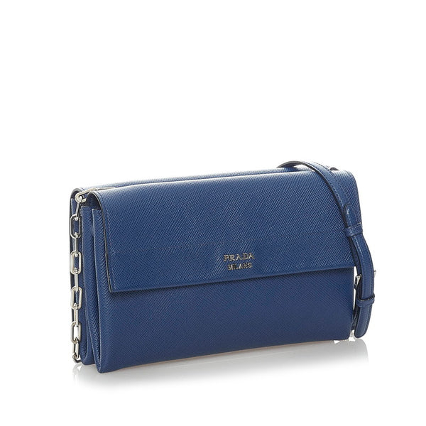 プラダ サフィアーノ チェーン ショルダーバッグ BT0992 ブルー レザー レディース PRADA 【中古】