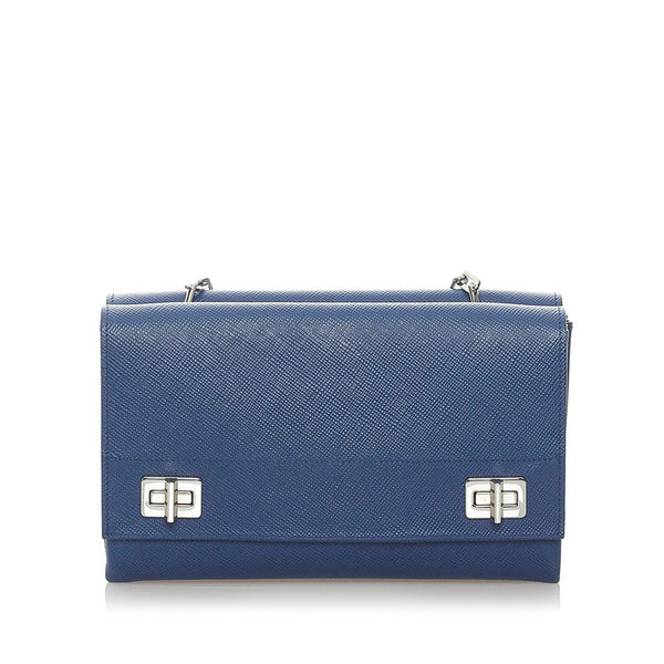 プラダ サフィアーノ チェーン ショルダーバッグ BT0992 ブルー レザー レディース PRADA 【中古】