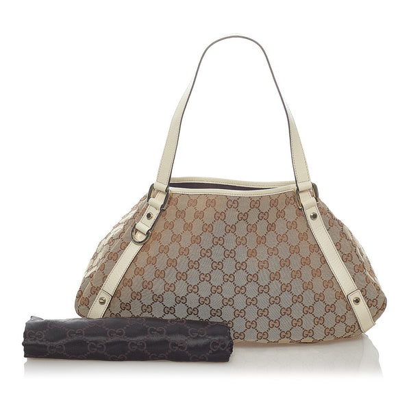 グッチ GGキャンバス トートバッグ 130736 ブラウン ホワイト キャンバス レザー レディース GUCCI 【中古】