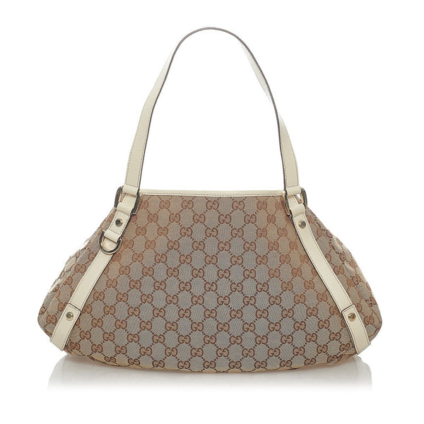 グッチ GGキャンバス トートバッグ 130736 ブラウン ホワイト キャンバス レザー レディース GUCCI 【中古】