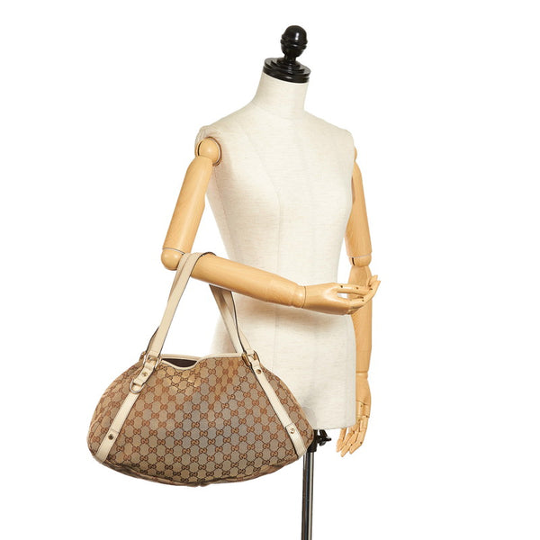 グッチ GGキャンバス トートバッグ 130736 ブラウン ホワイト キャンバス レザー レディース GUCCI 【中古】