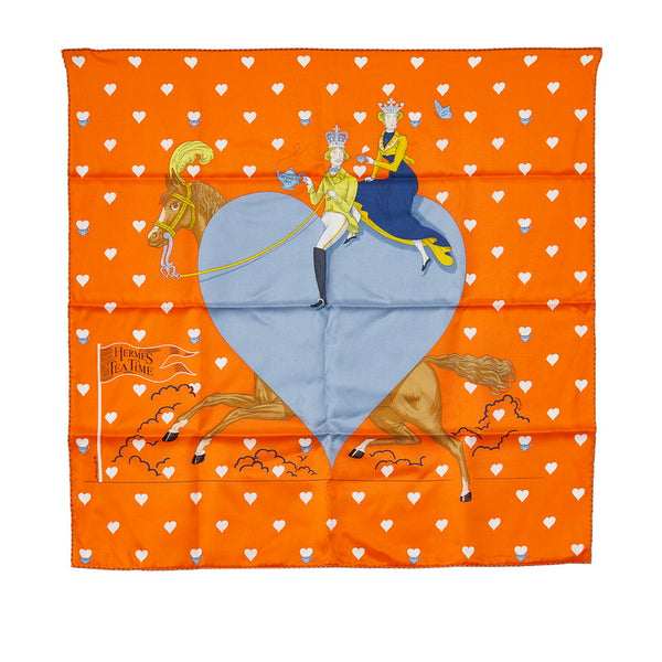 エルメス カレ70 TEA TIME ティータイム スカーフ オレンジ マルチカラー シルク レディース HERMES 【中古】