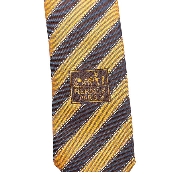 エルメス オレンジ ネイビー シルク ネクタイ メンズ HERMES 【中古】