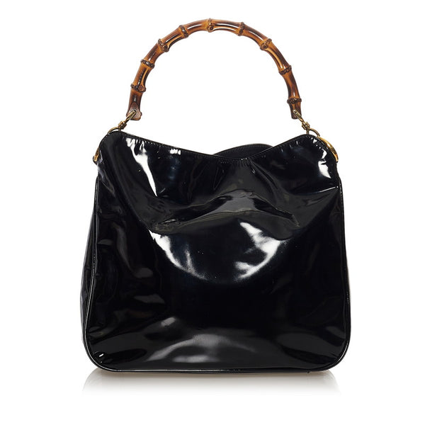 グッチ バンブー ハンドバッグ ショルダーバッグ 2WAY 001 3754 ブラック エナメル レザー レディース GUCCI 【中古】