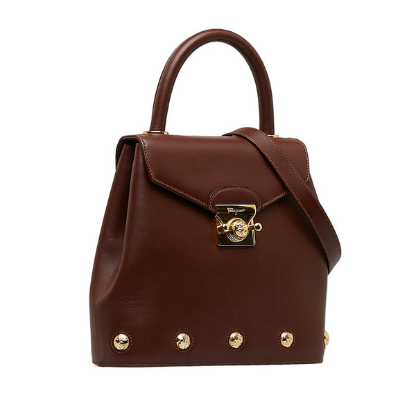 サルヴァトーレフェラガモ ヒールモチーフ ボタン ゴールド金具 ハンドバッグ ショルダーバッグ 2WAY DQ-21 1668 ボルドー ワインレッド レザー レディース Salvatore Ferragamo 【中古】