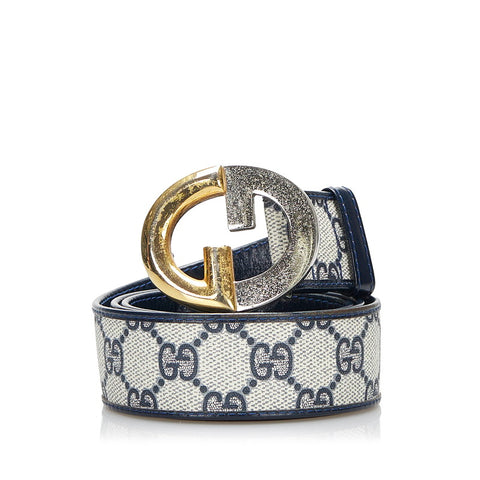 グッチ GGスプリーム Gバックル 80 ベルト ネイビー レザー PVC レディース GUCCI 【中古】