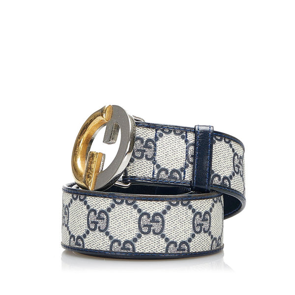 グッチ GGスプリーム Gバックル 80 ベルト ネイビー レザー PVC レディース GUCCI 【中古】