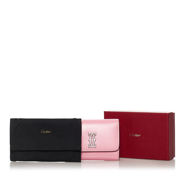 カルティエ ドゥーブルＣ 二つ折り財布 ピンク レザー レディース CARTIER 【中古】