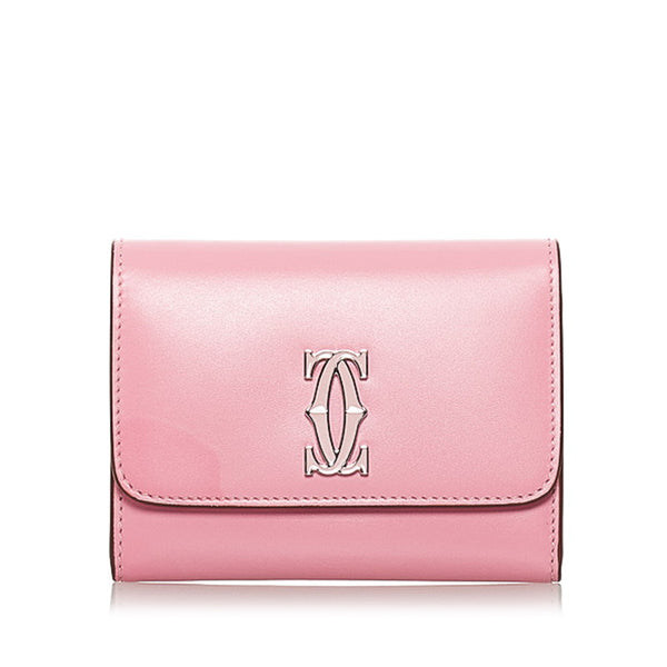 カルティエ ドゥーブルＣ 二つ折り財布 ピンク レザー レディース CARTIER 【中古】