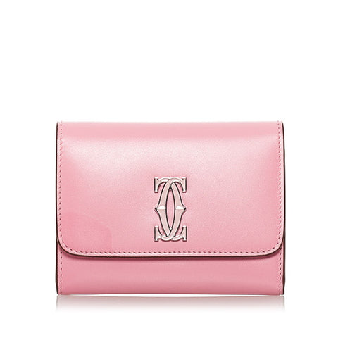 カルティエ ドゥーブルＣ 二つ折り財布 ピンク レザー レディース CARTIER 【中古】