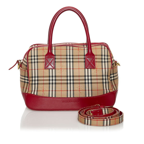 バーバリー ノバチェック シャドーホース ハンドバッグ ショルダーバッグ 2WAY ベージュ レッド キャンバス レザー レディース BURBERRY 【中古】