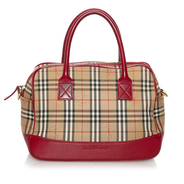 バーバリー ノバチェック シャドーホース ハンドバッグ ショルダーバッグ 2WAY ベージュ レッド キャンバス レザー レディース BURBERRY 【中古】