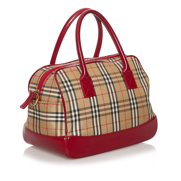 バーバリー ノバチェック シャドーホース ハンドバッグ ショルダーバッグ 2WAY ベージュ レッド キャンバス レザー レディース BURBERRY 【中古】