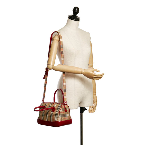 バーバリー ノバチェック シャドーホース ハンドバッグ ショルダーバッグ 2WAY ベージュ レッド キャンバス レザー レディース BURBERRY 【中古】