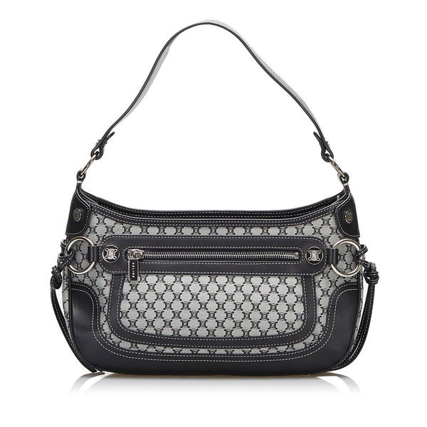 セリーヌ マカダム ショルダーバッグ ハンドバッグ グレー ブラック レザー キャンバス レディース CELINE 【中古】