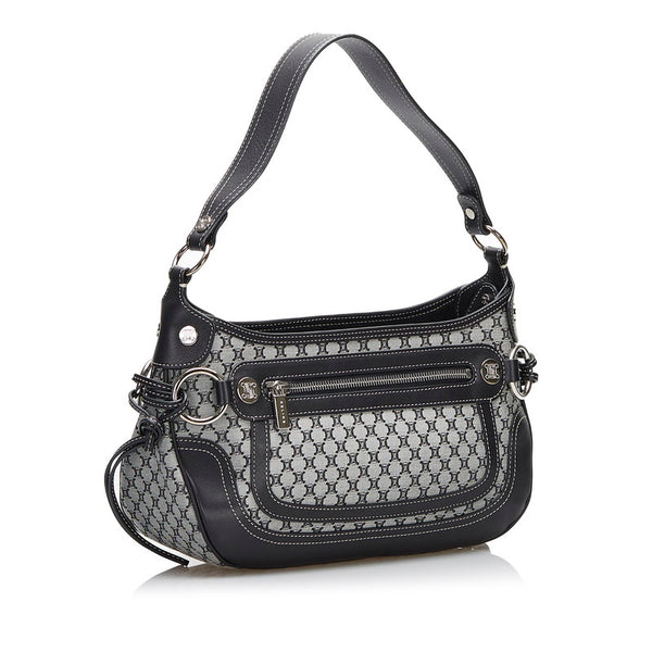 セリーヌ マカダム ショルダーバッグ ハンドバッグ グレー ブラック レザー キャンバス レディース CELINE 【中古】