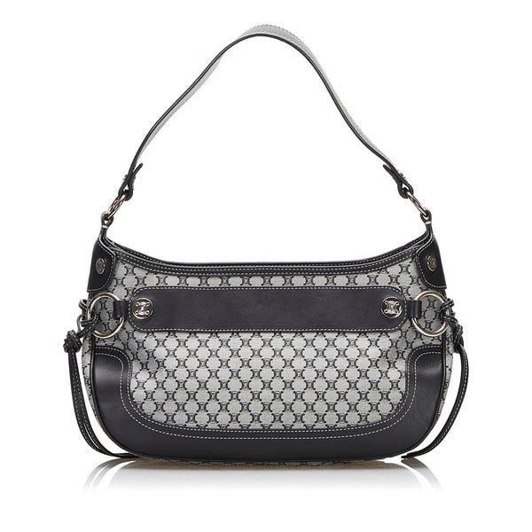 セリーヌ マカダム ショルダーバッグ ハンドバッグ グレー ブラック レザー キャンバス レディース CELINE 【中古】