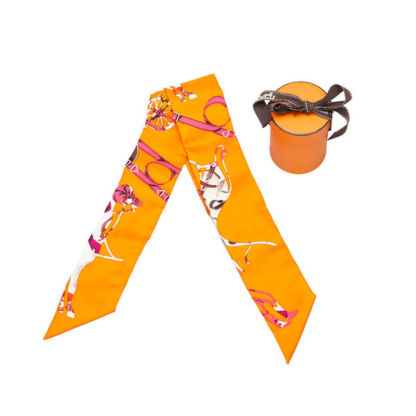 エルメス ツイリー 総柄 スカーフ オレンジ ブラウン シルク レディース HERMES 【中古】