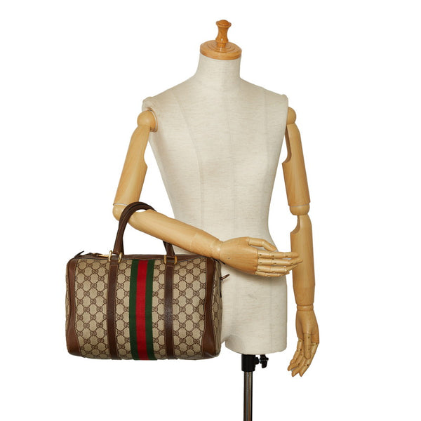 グッチ GGスプリーム シェリーライン ミニボストンバッグ ハンドバッグ ベージュ ブラウン PVC レザー レディース GUCCI 【中古】