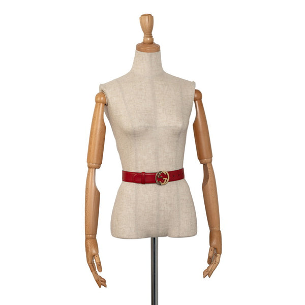 グッチ インターロッキングG ベルト 370543 レッド ゴールド レザー レディース GUCCI 【中古】