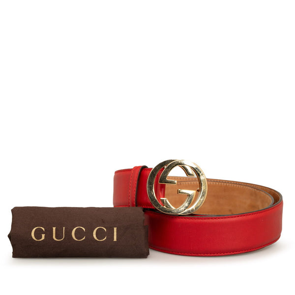 グッチ インターロッキングG ベルト 370543 レッド ゴールド レザー レディース GUCCI 【中古】