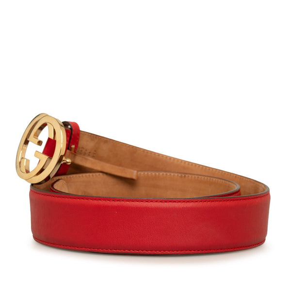 グッチ インターロッキングG ベルト 370543 レッド ゴールド レザー レディース GUCCI 【中古】