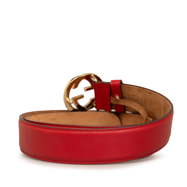 グッチ インターロッキングG ベルト 370543 レッド ゴールド レザー レディース GUCCI 【中古】