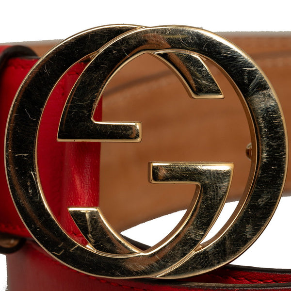 グッチ インターロッキングG ベルト 370543 レッド ゴールド レザー レディース GUCCI 【中古】