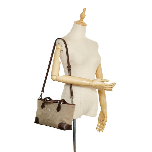 プラダ ロゴジャガード ハンドバッグ ショルダーバッグ 2WAY BN1159 ブラウン キャンバス レザー レディース PRADA 【中古】