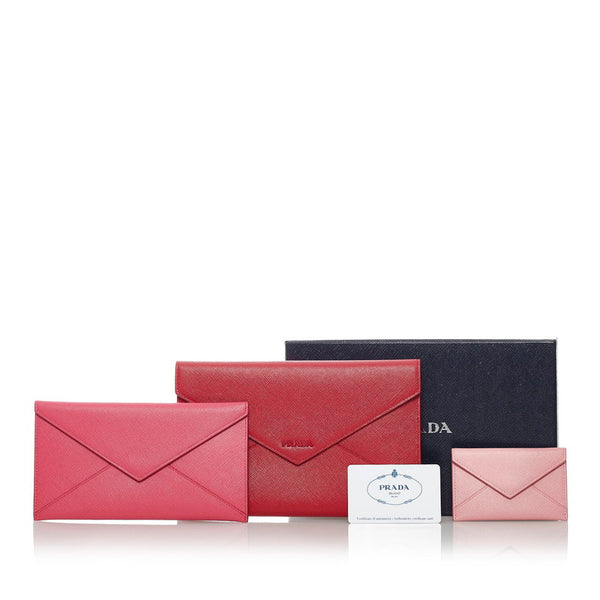 プラダ サフィアーノ ポーチ 3点セット 1MF014 レッド ピンク レザー レディース PRADA 【中古】